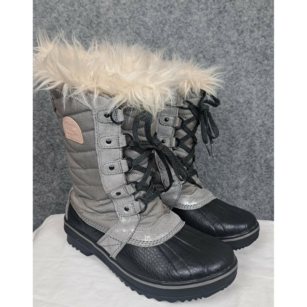 Sorel Women's Waterproof Snow Boots Gray Metallic Fur Lined Lace Up Size 6
